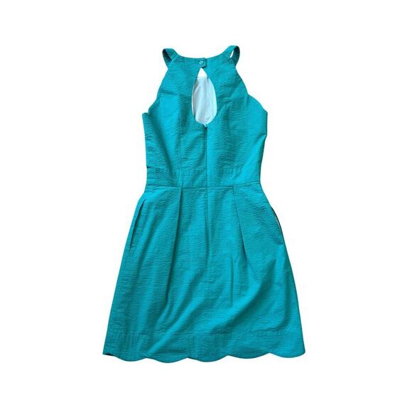 Lauren James Seersucker teal/Lagoon dress, size XS, scalloped hem, halter top - Picture 2 of 9